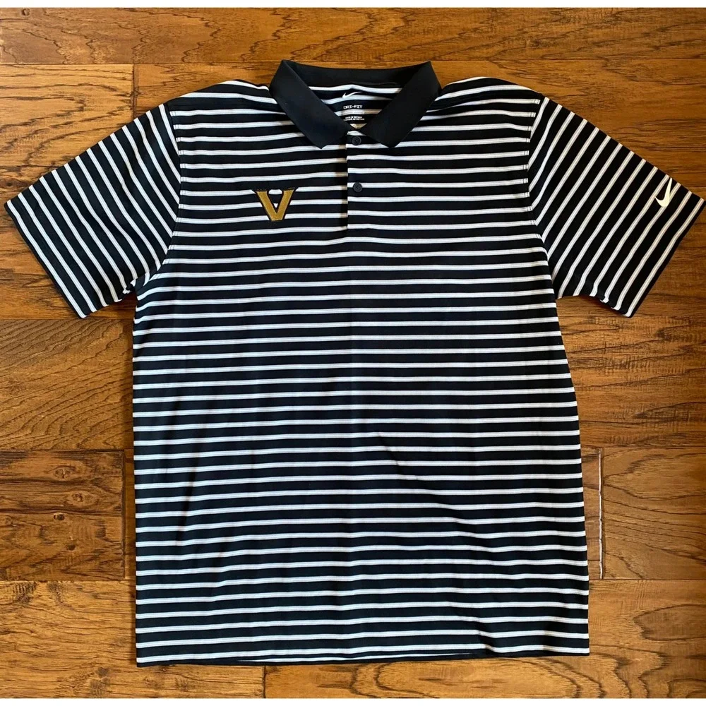 Nike Dri-FIT Mens Large Black White Striped V Logo Golf Polo Shirt Short Sleeve
